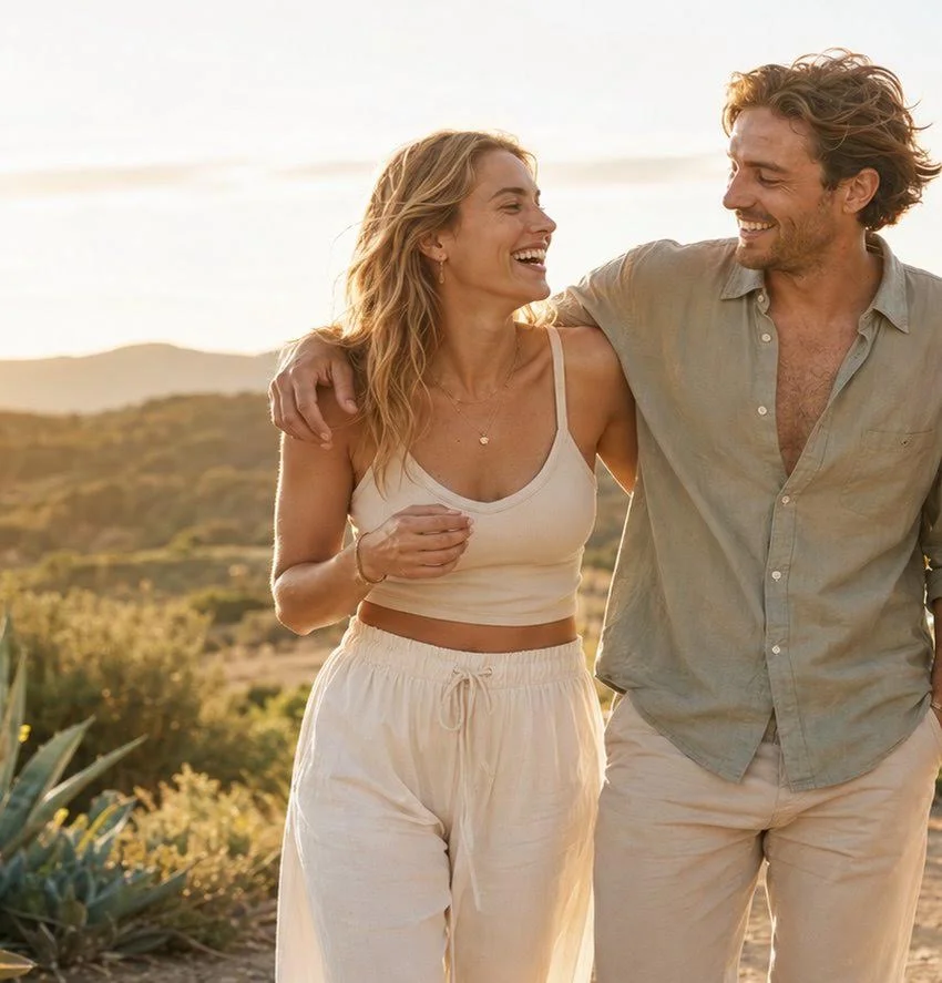 friends walking together during sunset smiling