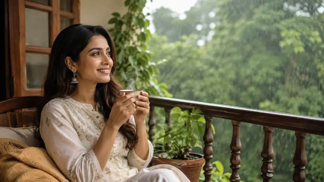 Woman enjoying a cup of tea mindfully at home
