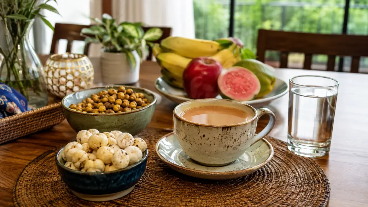 Balanced tea break with water and healthy snacks