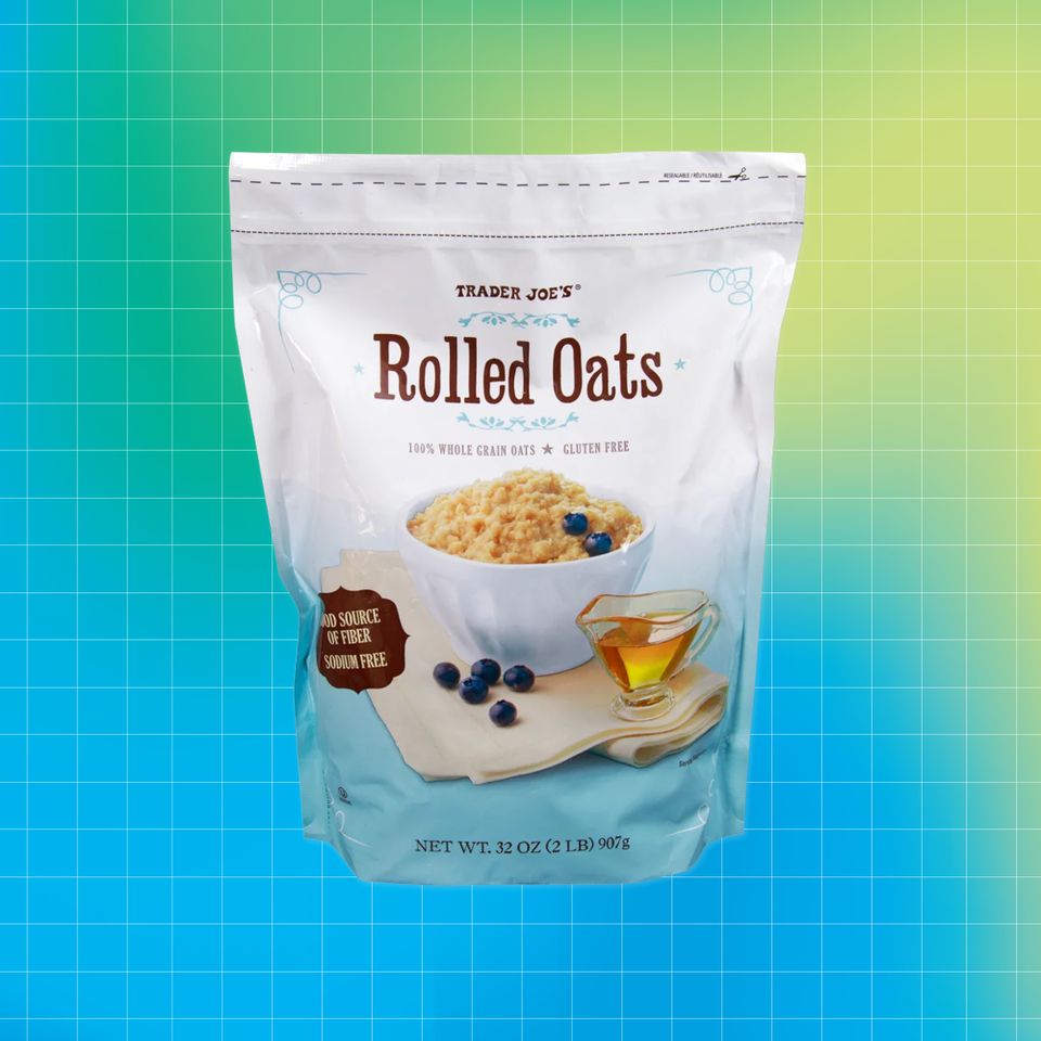 Trader Joes Rolled Oats bag against a gradient background Credit: Trader Joe's. Getty Images. EatingWell design.