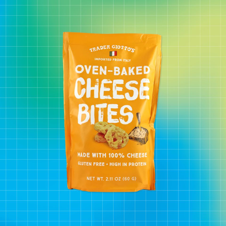 Trader Joes OvenBaked Cheese Bites packaging Credit: Trader Joe's. Getty Images. EatingWell design.