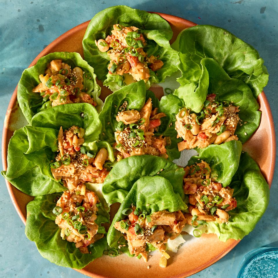 A recipe image of Tuna-White Bean Salad Lettuce Wraps. Credit: Photographer: Jen Causey.