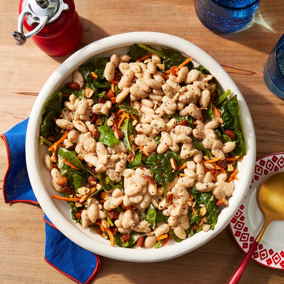 Spicy White Bean and Spinach Salad Credit: Photographer: Jen Causey, Food Stylist: Melissa Gray, Prop Stylist: Shell Royster