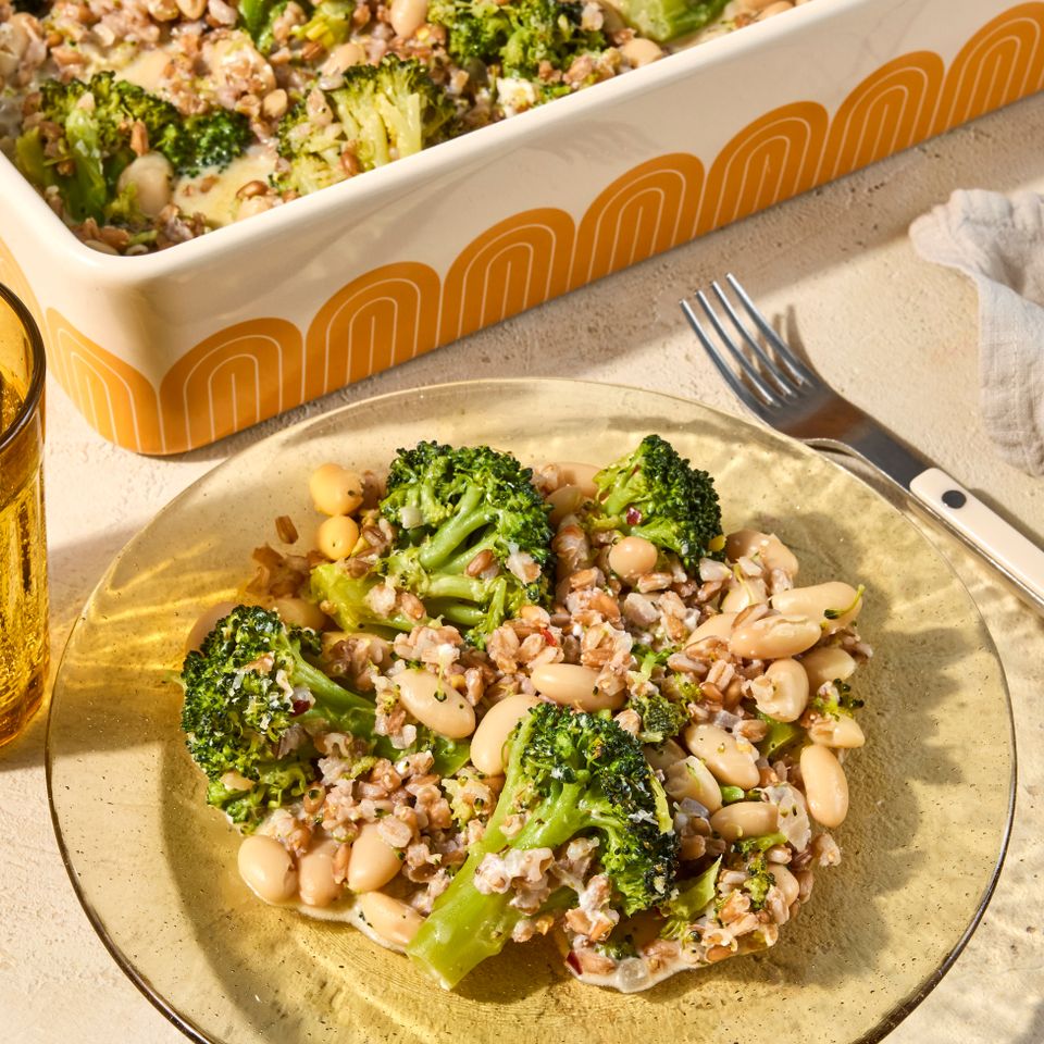 Recipe Image of Creamy Lemon-Parmesan Broccoli & White Bean Casserole Credit: photographer: Jen Causey, food stylist: Julian Hensarling, prop stylist: Josh Hoggle