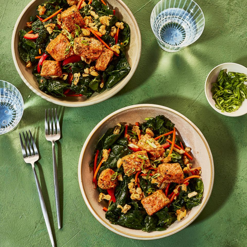 an image of the Anti-Inflammatory Salad with Roasted Salmon & Crispy White Beans Credit: Heami Lee, Food Stylist: Emily Nabors Hall, Prop Stylist: Christine Keeley