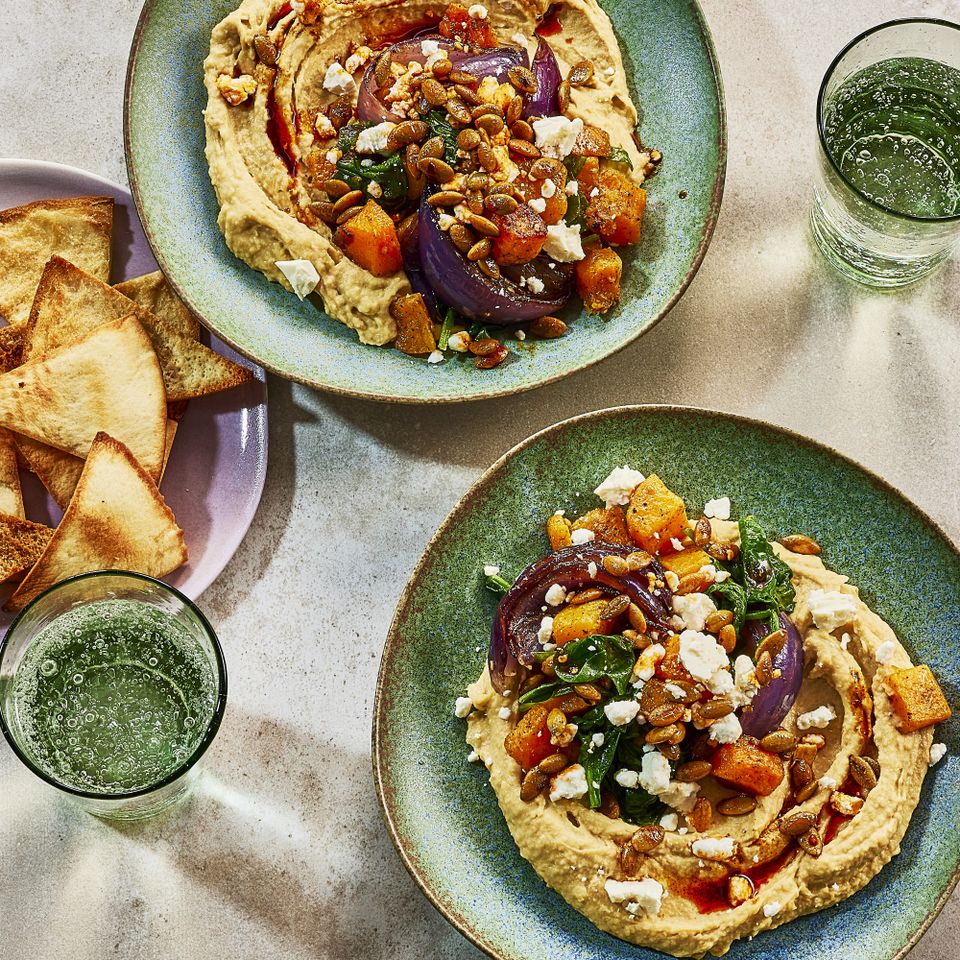 an image of the Roasted Butternut Squash Hummus Bowls Credit: Heami Lee, Food Stylist: Emily Nabors Hall, Prop Stylist: Christine Keeley