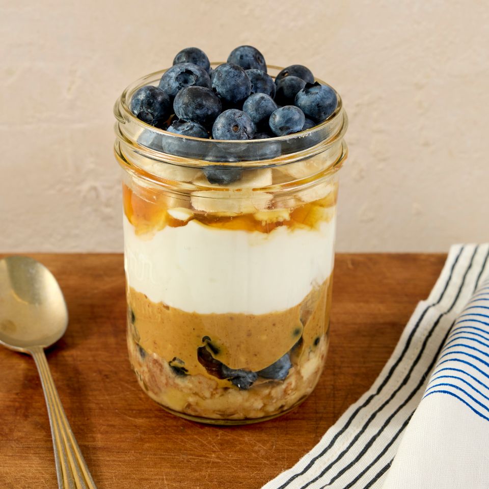 A recipe image of Blueberry-Banana Peanut Butter Parfait. Credit: Photographer: Jen Causey, Food Stylist: Margaret Monroe Dickey, Prop Stylist: Hannah Greenwood.