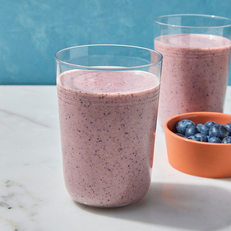 A recipe image of Mango-Blueberry Chia Seed Smoothie. Credit: Photographer: Brittney Cottrell, Food stylist: Marianne Williams, Prop stylist: Keoshia McGhee.