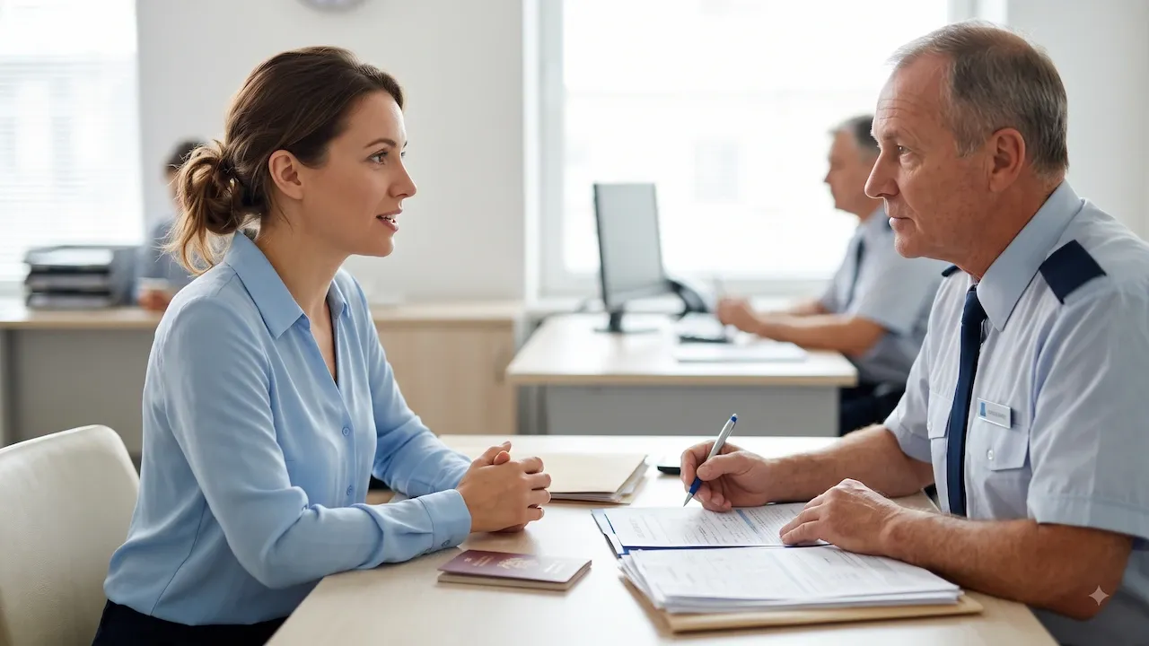Young woman sitting at desk during visa interview with uniformed officer reviewing travel application documents attentively.