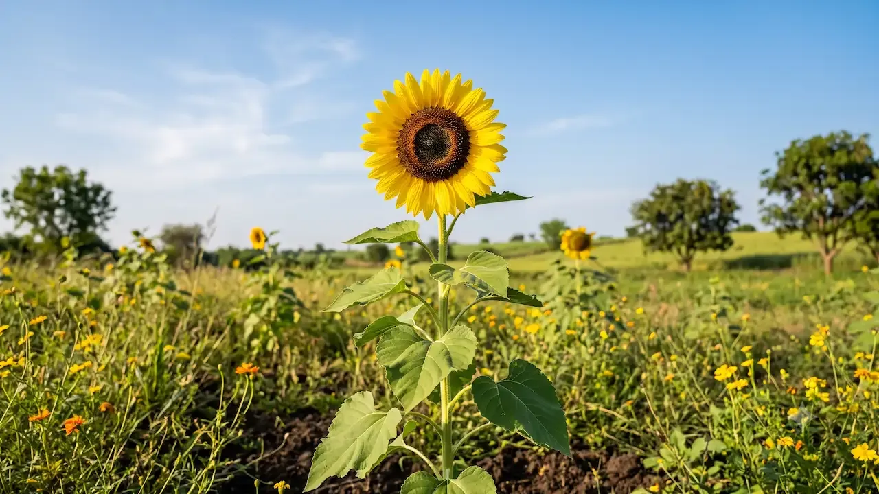 Vibrant bright yellow sunflower blooming tall in an open farm field under a clear blue sky.