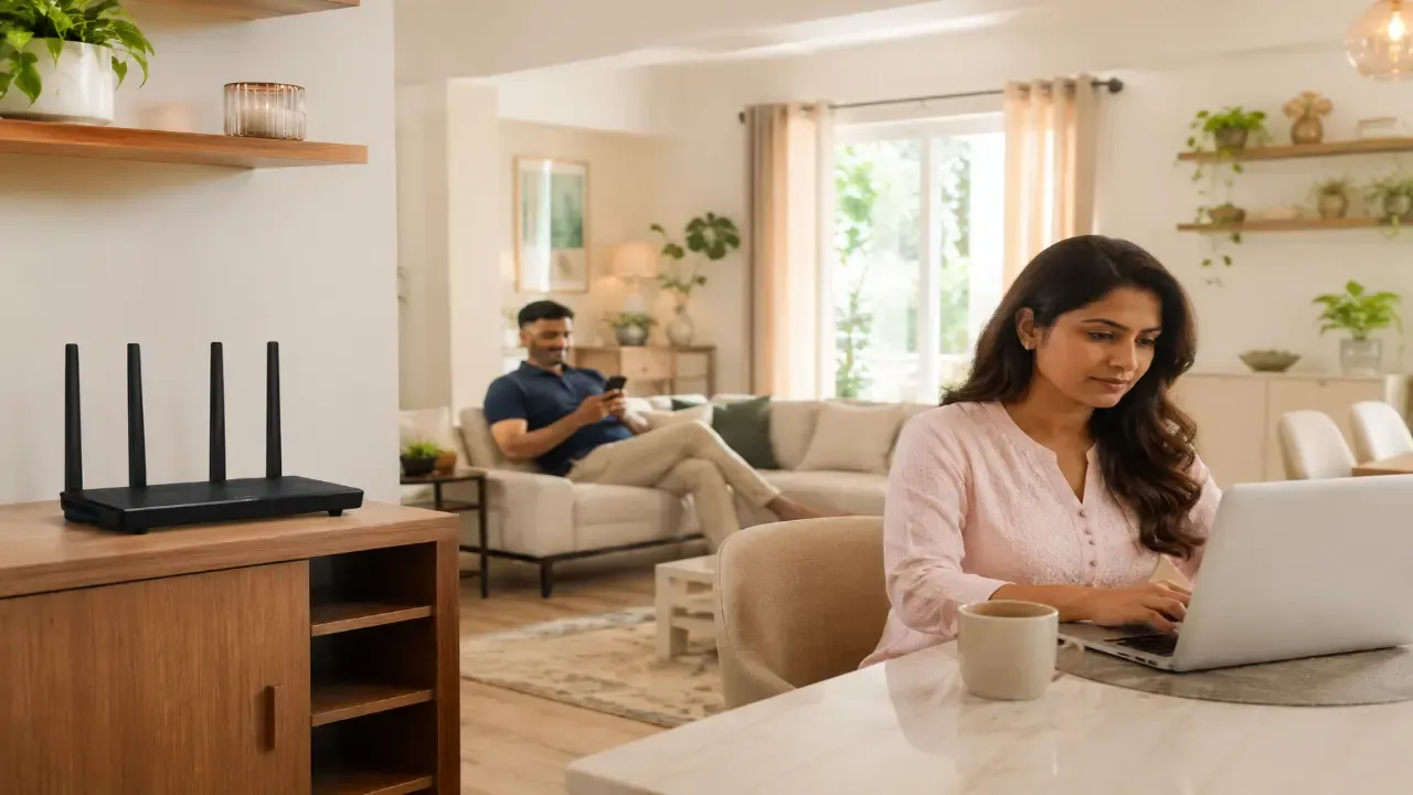 Woman checking her Wi-Fi router and laptop settings at home