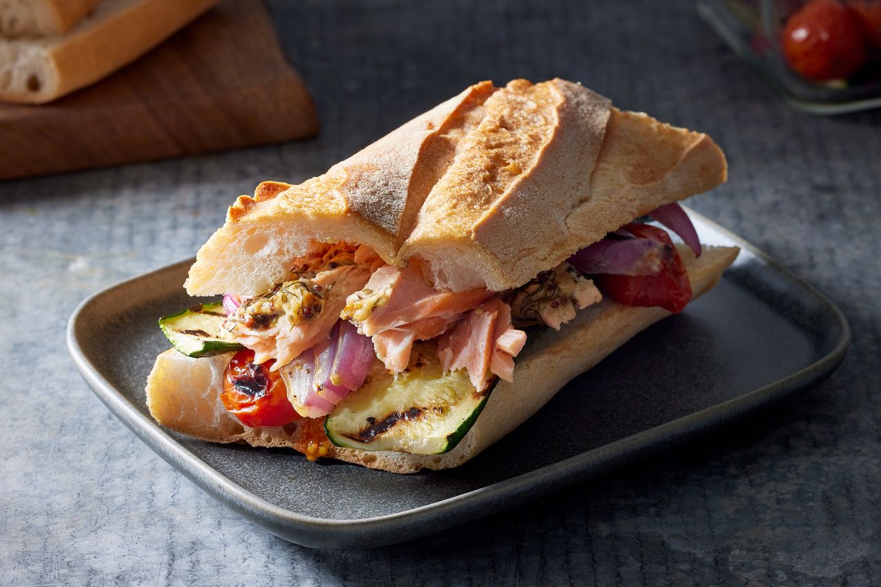 a recipe photo of the Salmon & Grilled Vegetable Sandwich Credit: Photographer: Carson Downing, Food stylist: Annie Probst, Prop stylist: Joseph Wanek