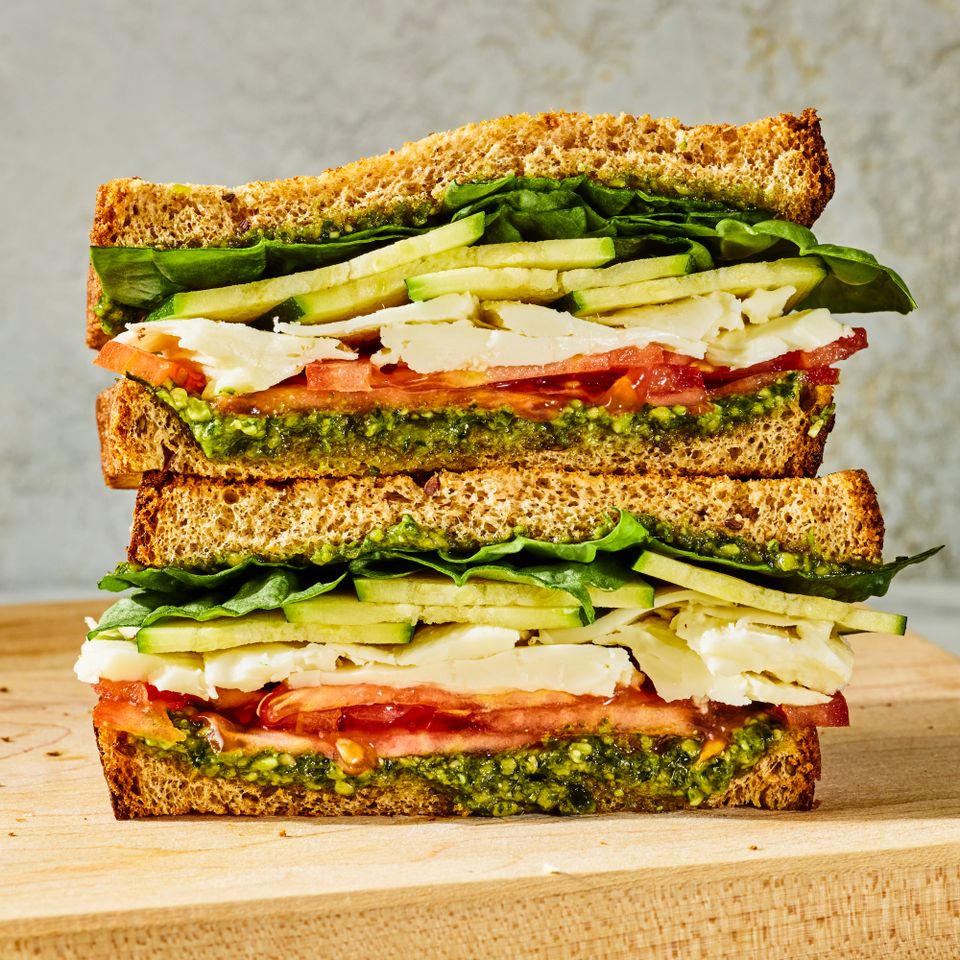 A recipe image of A recipe image of Veggie Pesto Sandwich. Credit: Photographer: Morgan Hunt Ward.