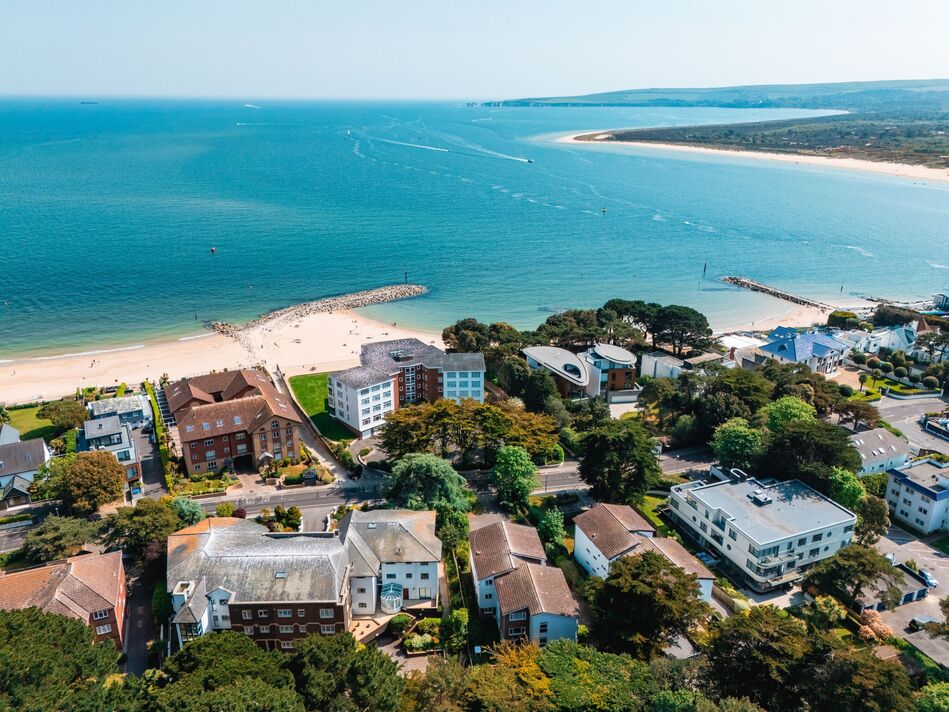 Aerial view of Sandbanks and Poole Harbour. Sandbanks, UK