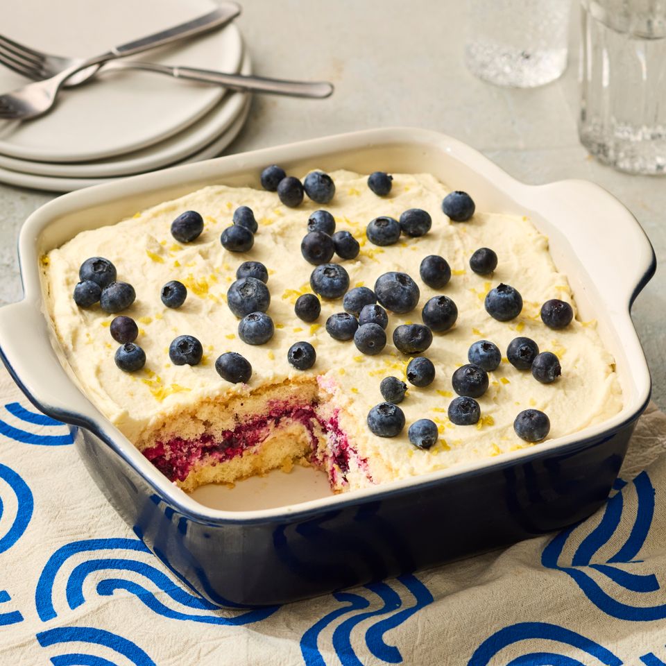 a recipe photo of Lemon-Blueberry Tiramisu Credit: Photographer: Victor Protasio, Food Stylist: Chelsea Zimmer, Prop Stylist: Hannah Grennwood.