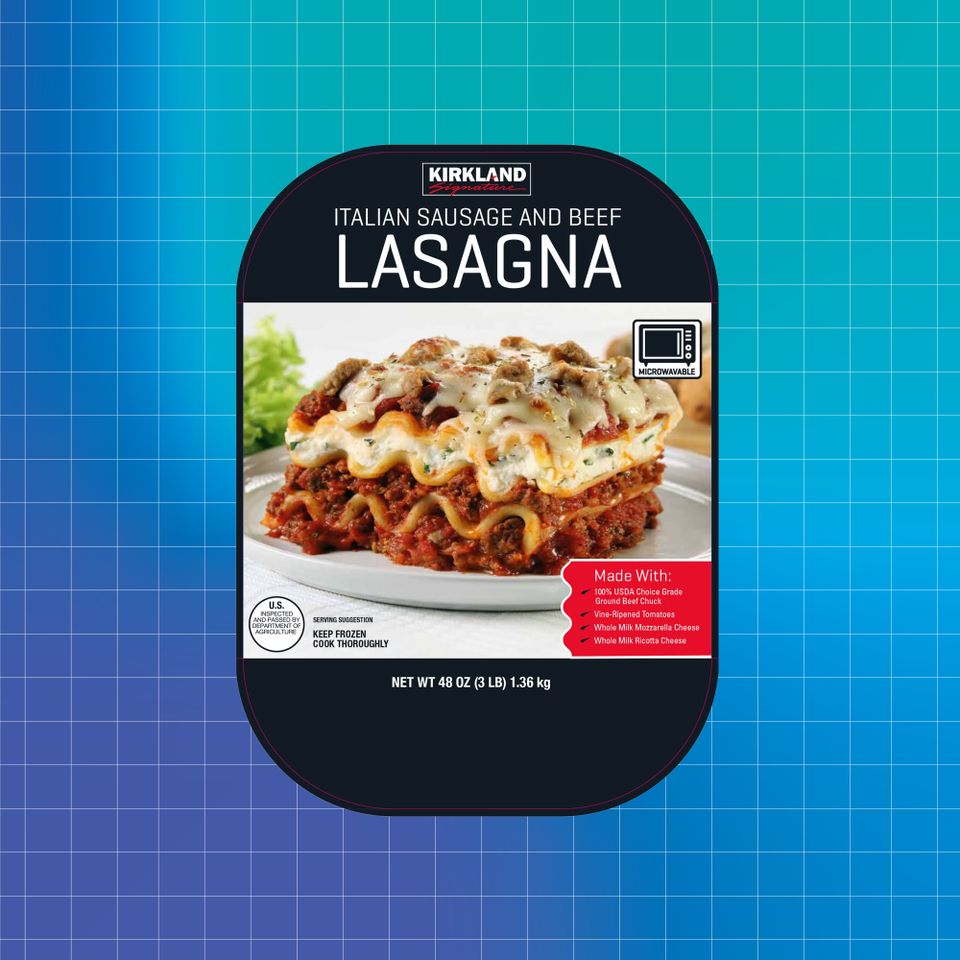 Costco Kirkland Italian Sausage and Beef Lasagna packaging Credit: Costco. Getty Images. EatingWell design.
