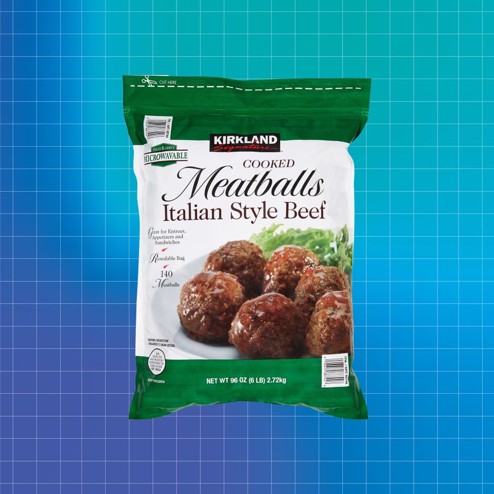 Kirkland Signature Cooked Italian Style Beef Meatballs package on a blue gradient background Credit: Costco. Getty Images. EatingWell design.