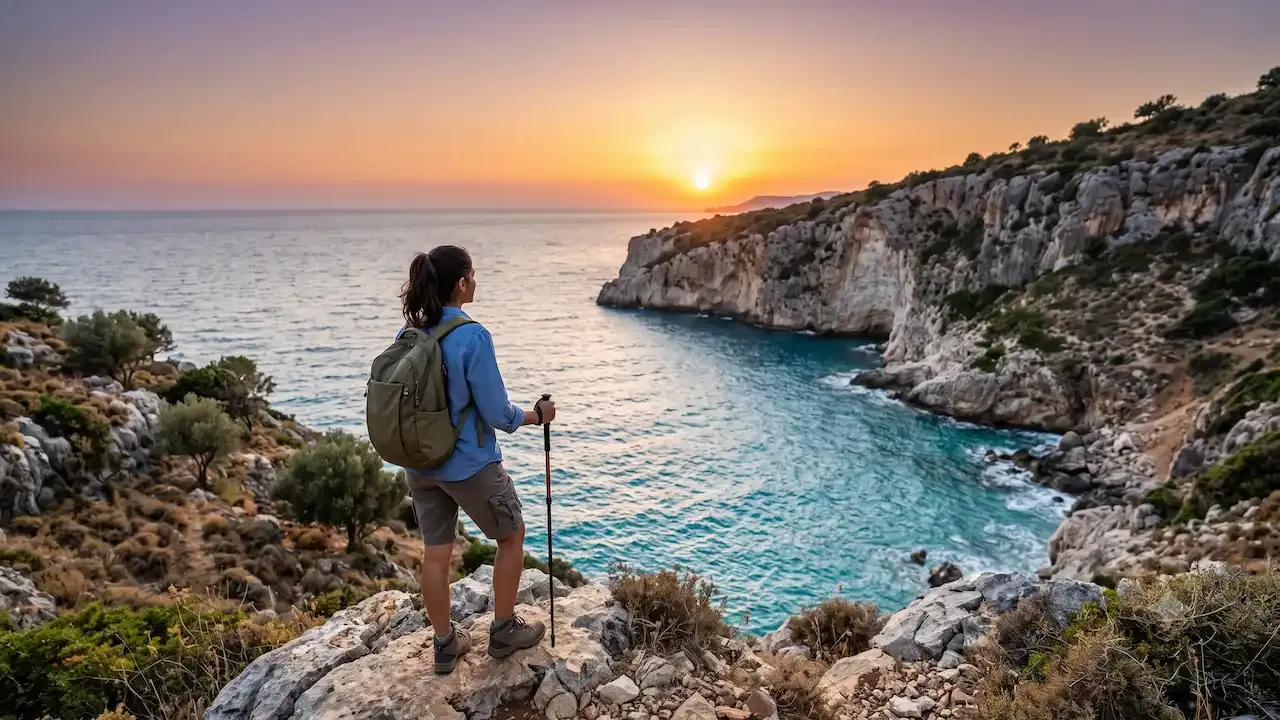 Female hiker with backpack and walking stick standing on rocky cliff admiring beautiful coastal ocean sunset.