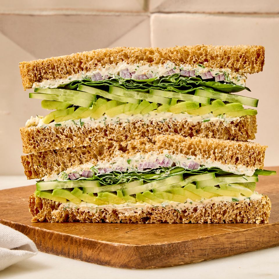 a recipe photo of Cucumber & Spinach Sandwich Credit: Photographer: Robby Lozano, Food Stylist: Julian Hensarling, Prop Stylist: Josh Hoggle