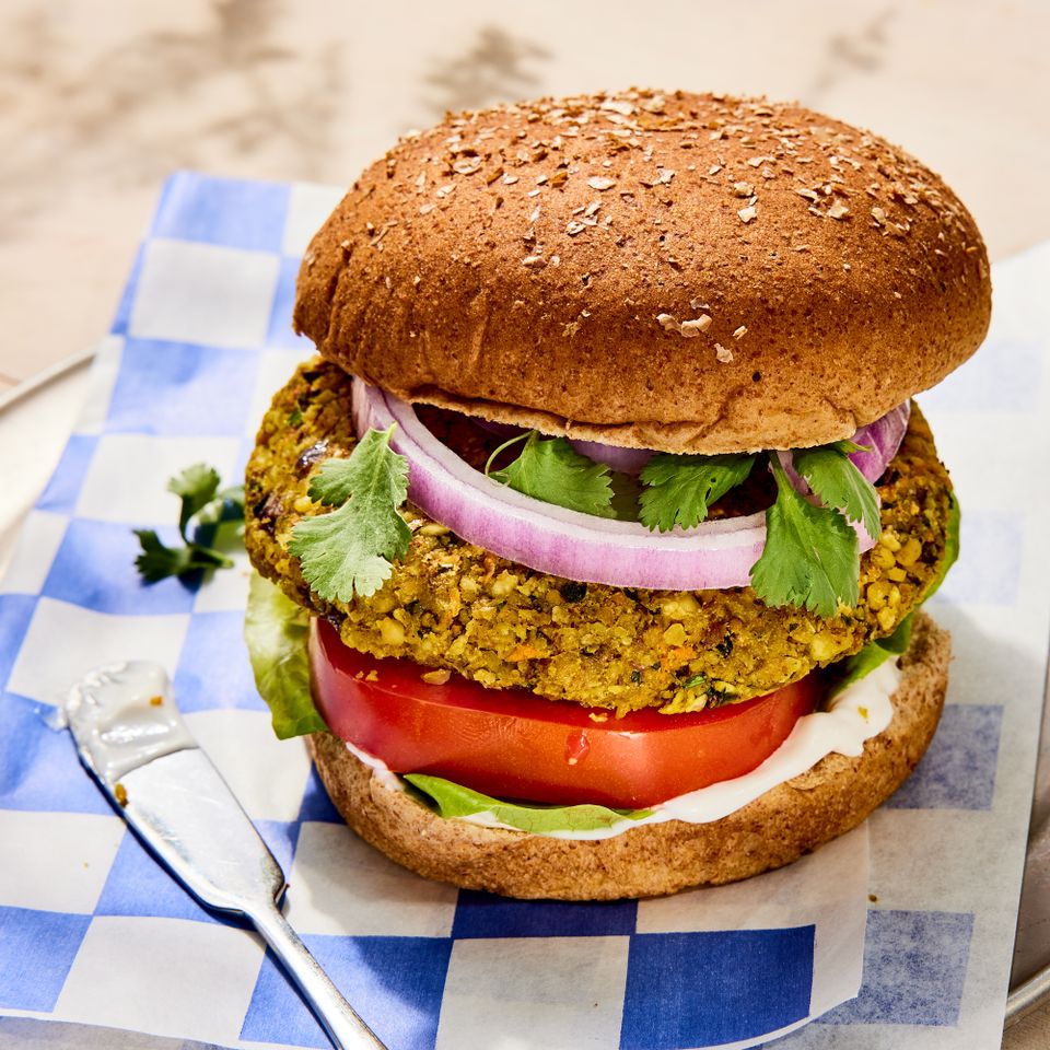 a recipe photo of the Vegan Burger Credit: Photographer: Morgan Hunt Glaze, Food Stylist: Ruth Blackburn, Prop Stylist: Christine Keely