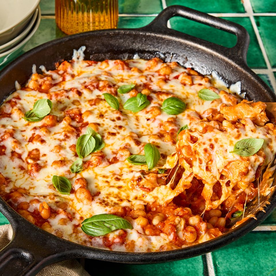 A recipe image of Chicken Parmesan Skillet with Beans. Credit: Photographer: Jen Causey.
