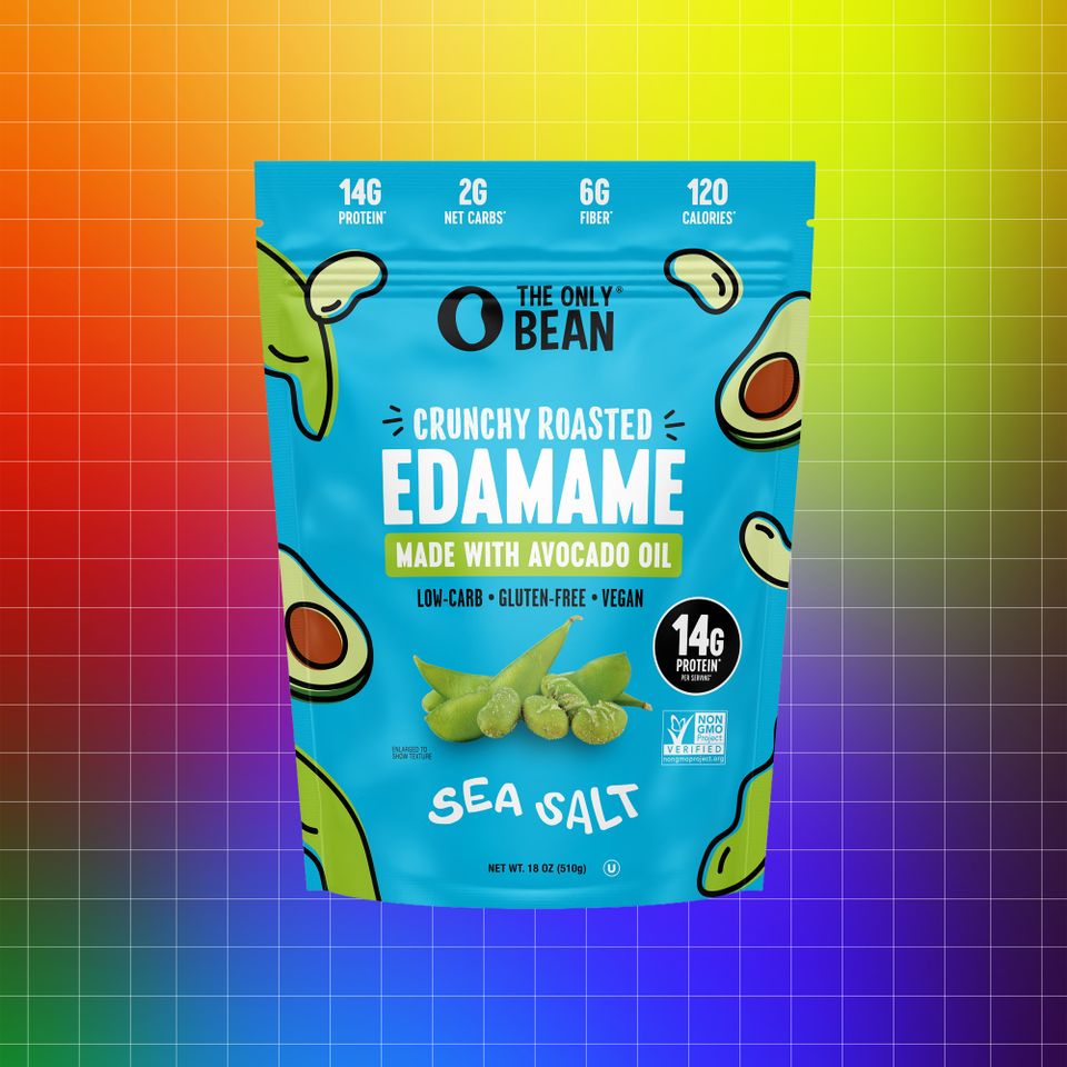 A package of crunchy roasted edamame snacks labeled sea salt Credit: Costco. Getty Images. EatingWell design.