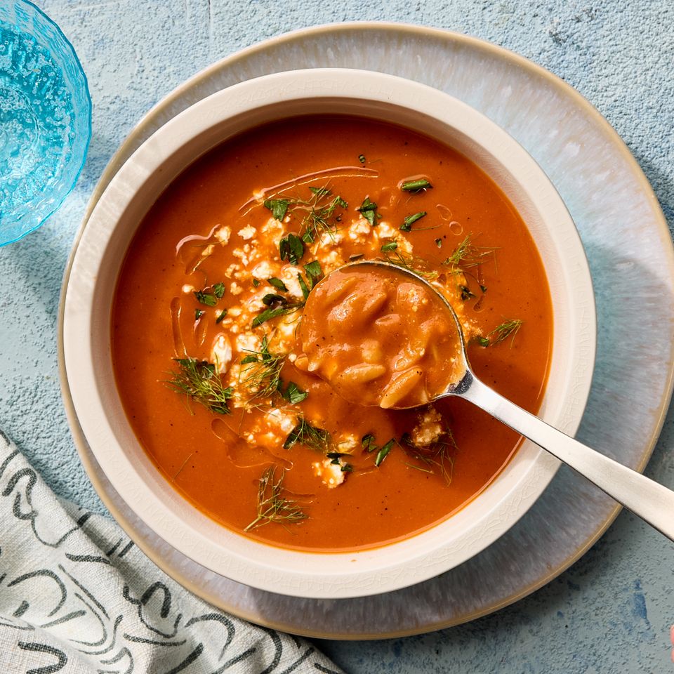 A recipe image of Roasted Red Pepper, Chickpea & Orzo Soup Credit: Photographer: Fred Hardy.