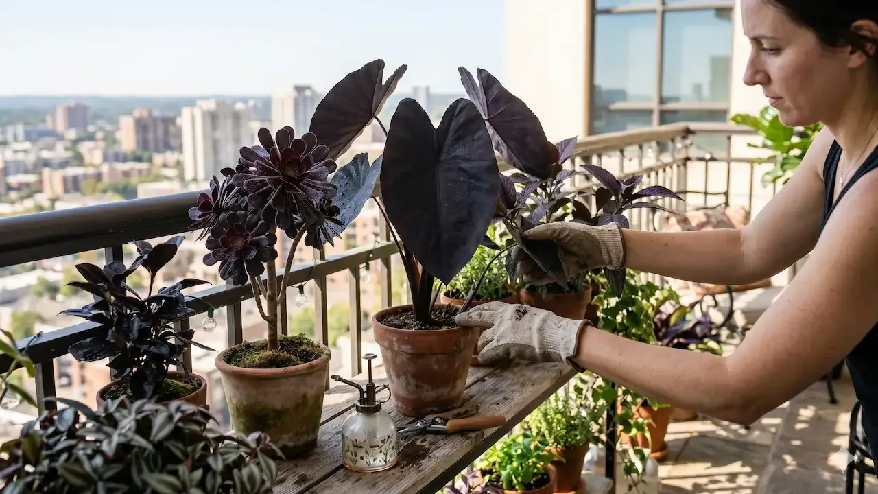 A woman wearing gardening gloves tends to potted black leaf plants on her high-rise apartment balcony garden.
