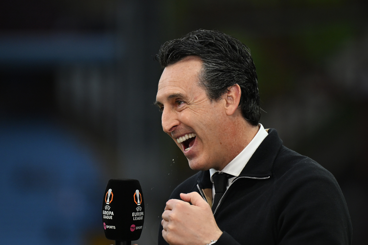 BIRMINGHAM, ENGLAND - APRIL 16: Unai Emery, Manager of Aston Villa, speaks to the media in a pre-match press conference prior to the UEFA Europa League 2025/26 Quarter-Final Leg Two match between Aston Villa FC and Bologna FC 1909 at Villa Park on April 16, 2026 in Birmingham, England. (Photo by Shaun Botterill/Getty Images)