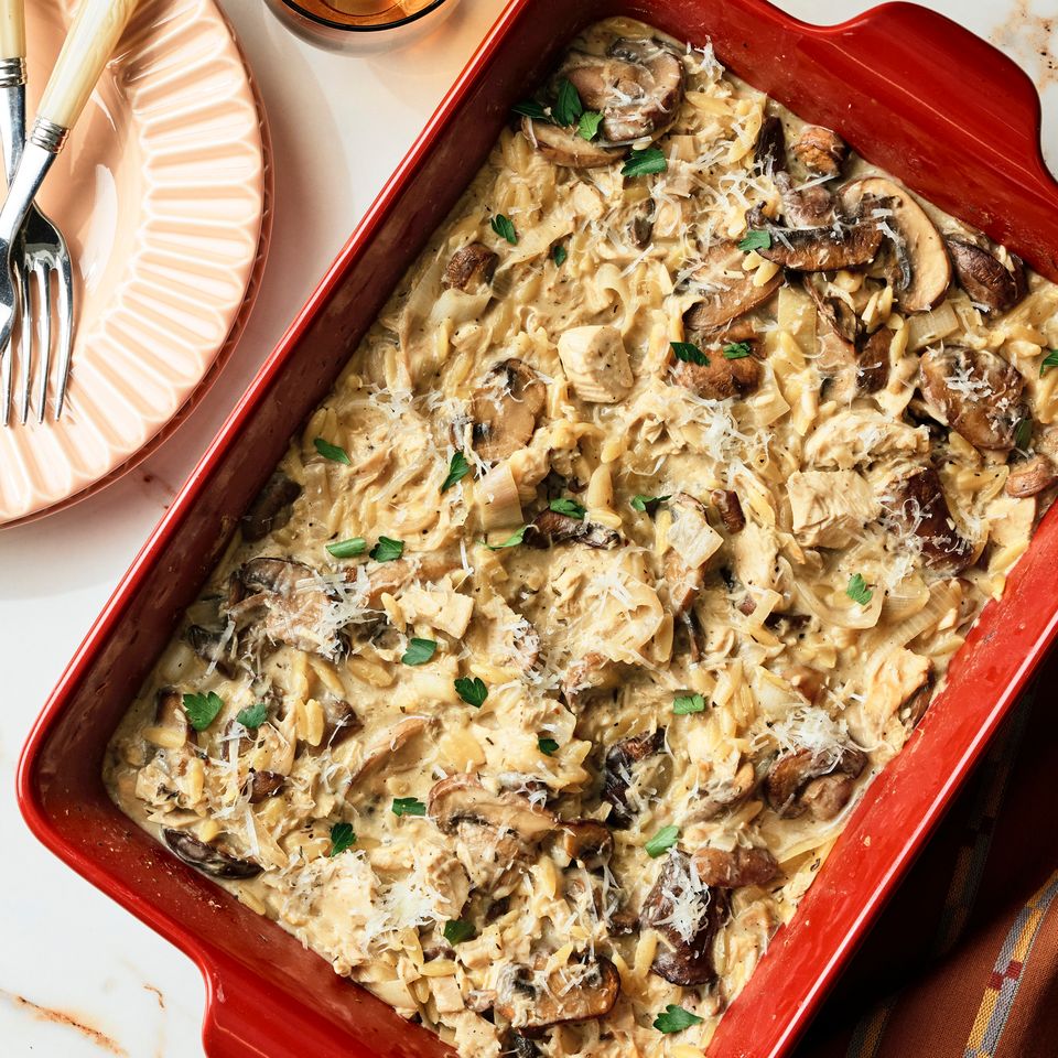 A recipe image of Chicken Marsala Casserole Credit: Photographer: Greg DuPree, Food Stylist: Margaret Dickey, Prop Stylist: Abby Armstrong.