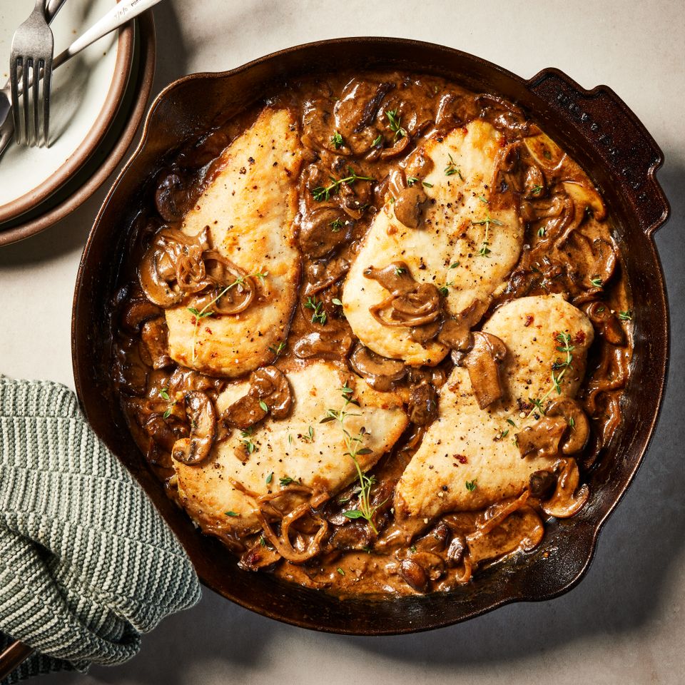 a recipe photo of the Creamy Balsamic Chicken & Mushroom Skillet Credit: Photographer: Jen Causey, Food Stylist: Julian Hensarling, Prop Stylist: Josh Hoggle