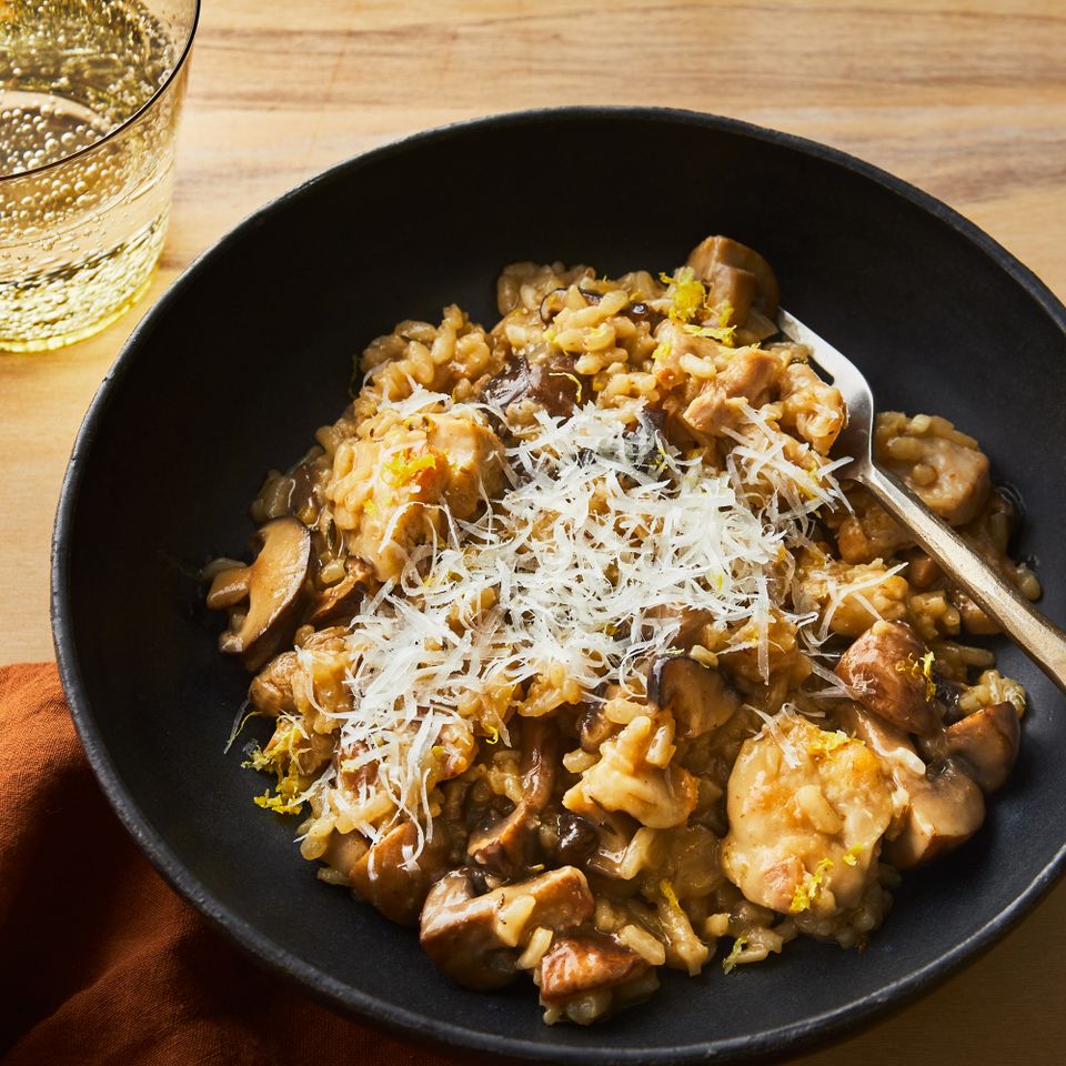 a recipe photo of the Chicken Mushroom Risotto served in a bowl Credit: Photographer: Greg Dupree, Food Stylist: Ana Kelley, Prop Stylist: Christina Brockman
