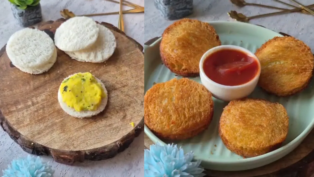 Golden crispy round bread pakoda stuffed with spicy mashed potatoes served on a plate with tomato ketchup.