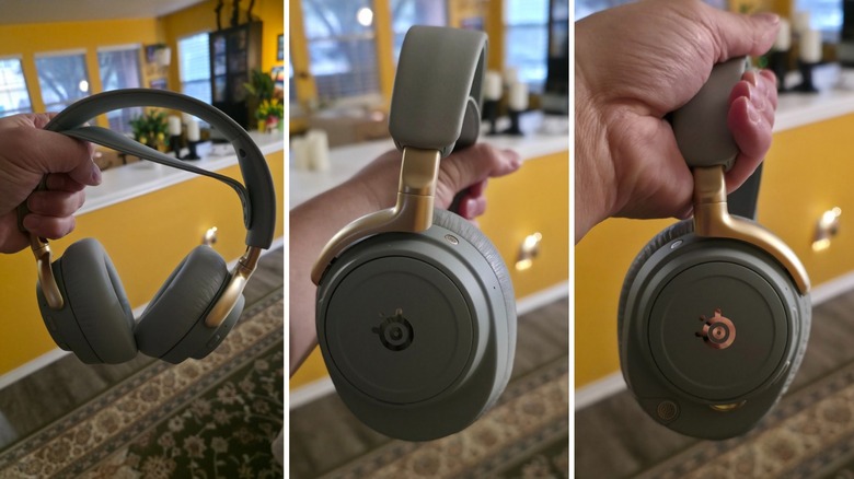 Three shots of the Arctis Nova Elite showing the headset, left, and right sides.