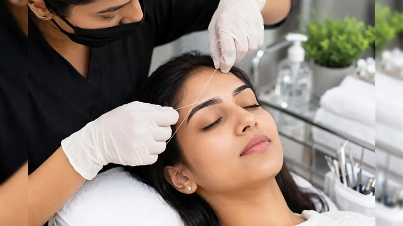 Professional aesthetician shaping woman eyebrows using white cotton thread during facial hair removal salon treatment.