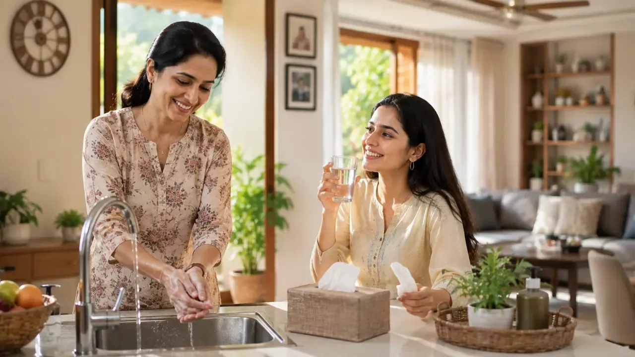 Indian family practicing hygiene habits to prevent flu