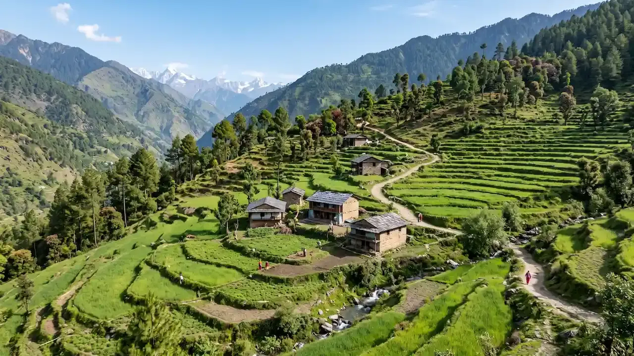 Scenic drone view of traditional mountain wooden houses amidst lush green step farms and snow covered Himalayan peaks.