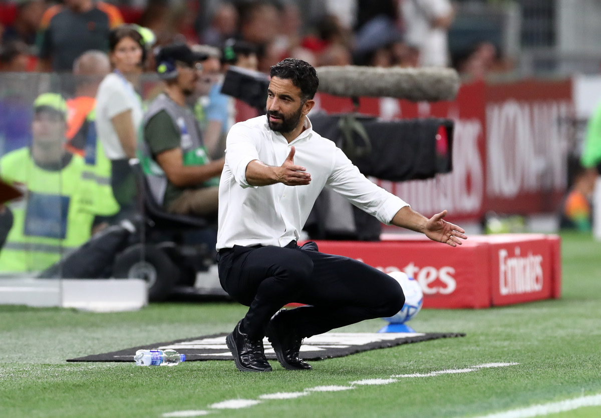 MILAN, ITALY - AUGUST 28: Ruben Amorim, Head Coach of AC Milan, reacts during the Serie A match between AC Milan and Venezia FC at Stadio Giuseppe Meazza on August 28, 2026 in Milan, Italy. (Photo by Marco Luzzani/Getty Images)