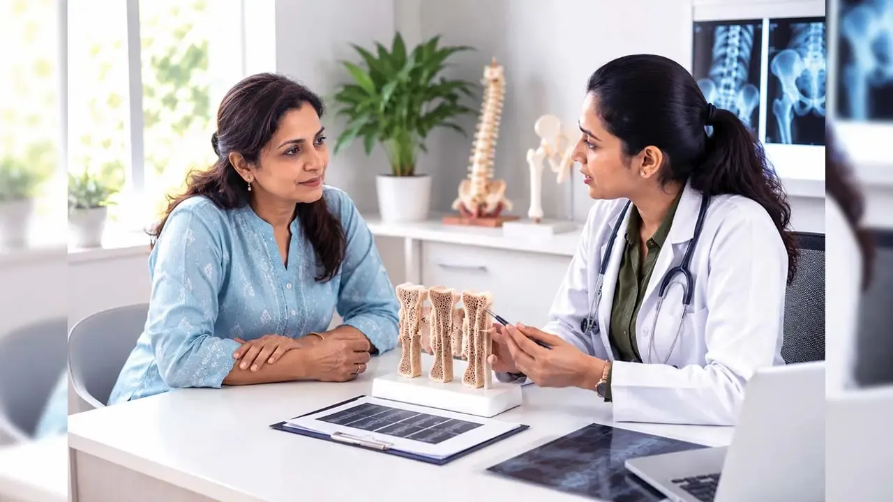 Female doctor explaining osteoporosis bone density model to mature Indian patient during orthopedic healthcare medical consultation in clinic.