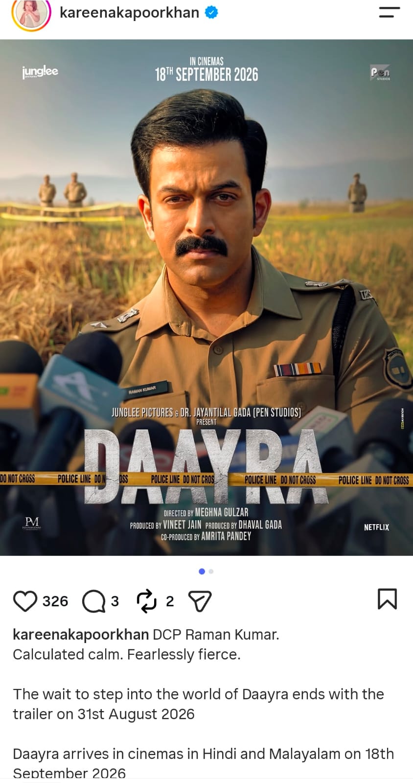 Kareena Kapoor, Prithviraj Sukumarans Daayra character posters unveiled