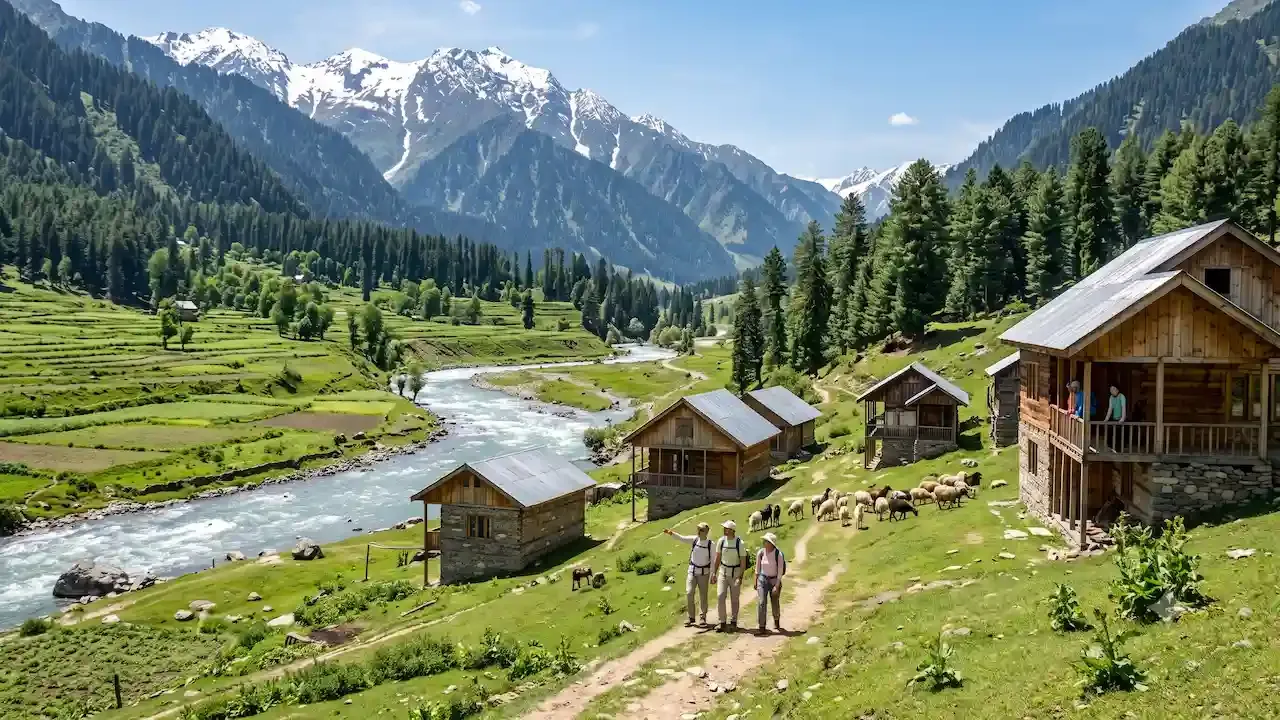 Happy trekkers walking past wooden bungalows along a scenic river in lush green Tulail valley surrounded by snow mountains.