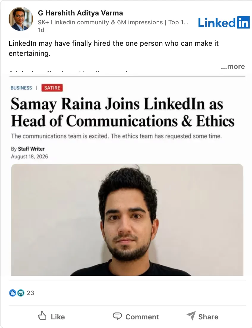 Samay Raina’s new ‘LinkedIn Job’s screenshot goes viral