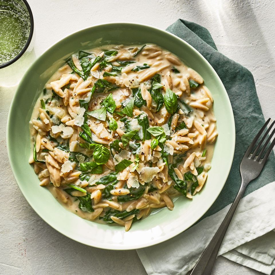Creamy Spinach Orzo Credit: Photography / Caitlin bensel, Food Styling / Emily Nabors Hall, Prop Styling / Julia Bayless