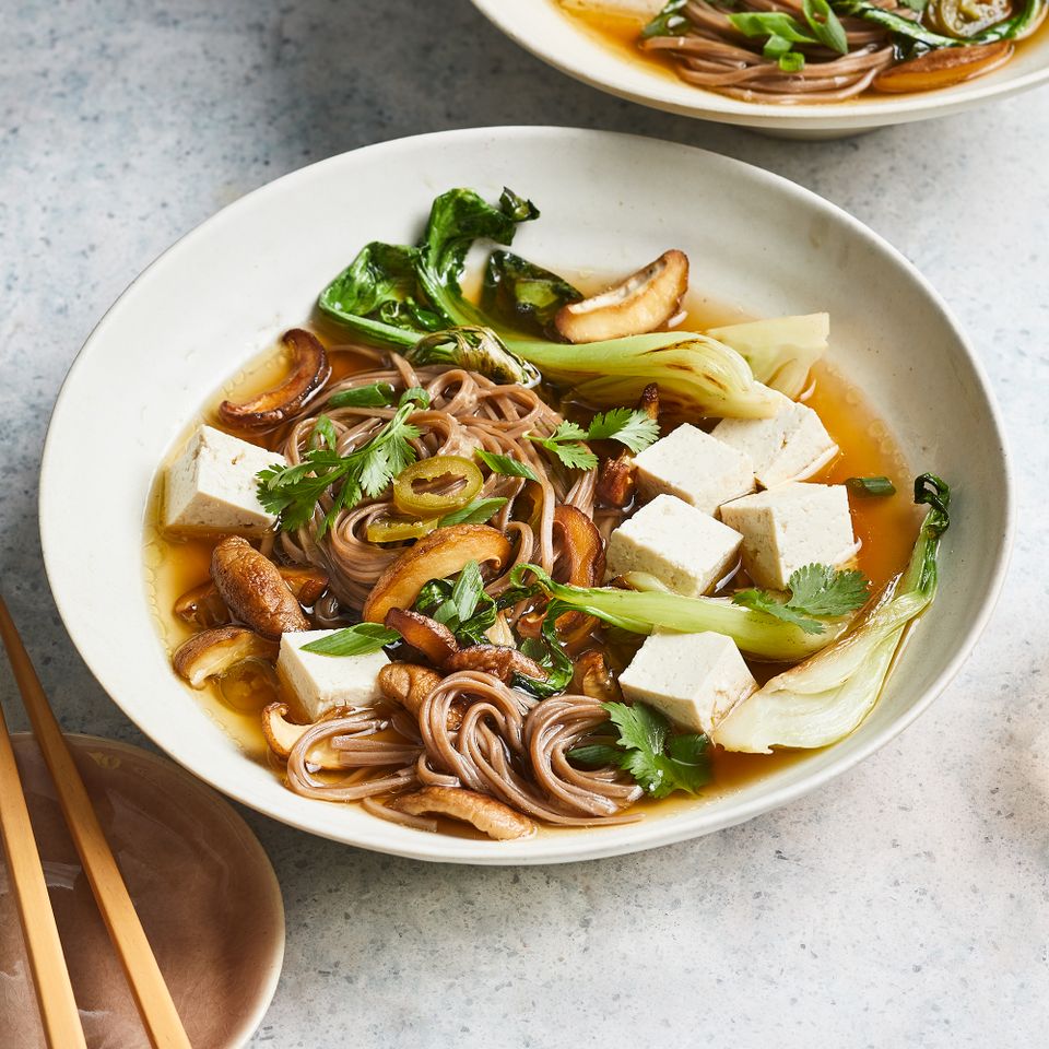 Tofu, Mushroom & Bok Choy Soba Noodle Bowl Credit: Greg DuPree