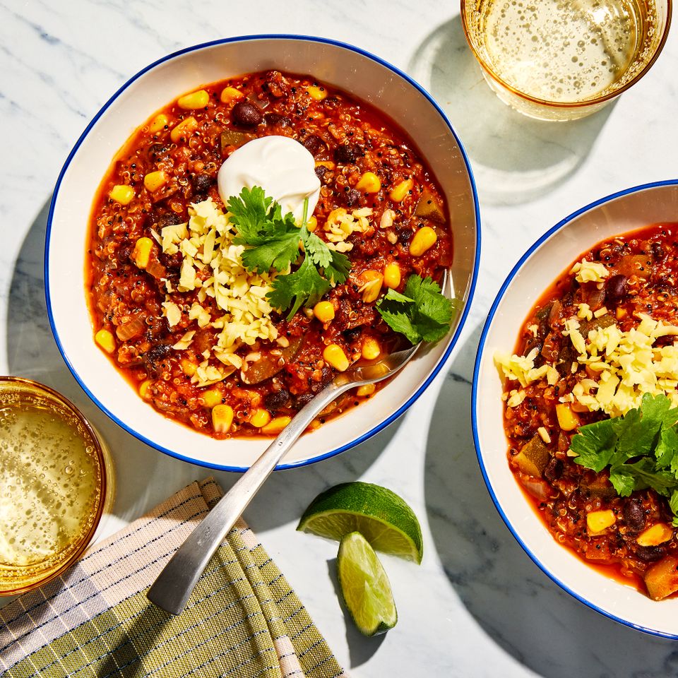 Vegan Quinoa Chili Credit: Photographer / Antonis Achilleos, Prop Stylist / Christine Kelly, Food Stylist / Karen Rankin