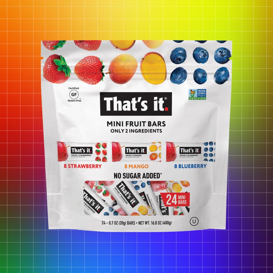 Packaging of Thats It Mini Fruit Bars with images of fruits and details about their flavors and ingredients displayed Credit: Costco. Getty Images. EatingWell design.