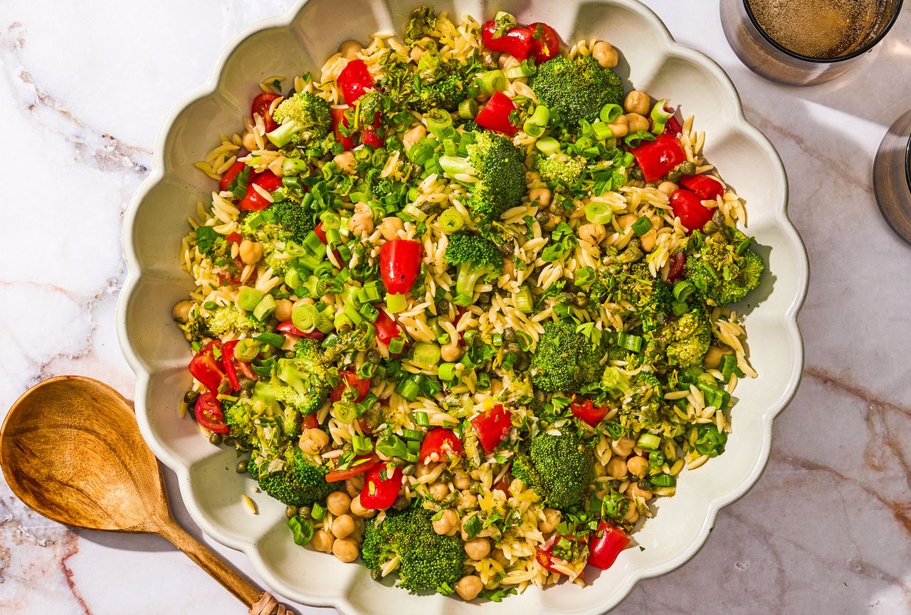 A recipe image of Orzo Salad with Broccoli & Chickpeas. Credit: Photographer: Ali Redmond.