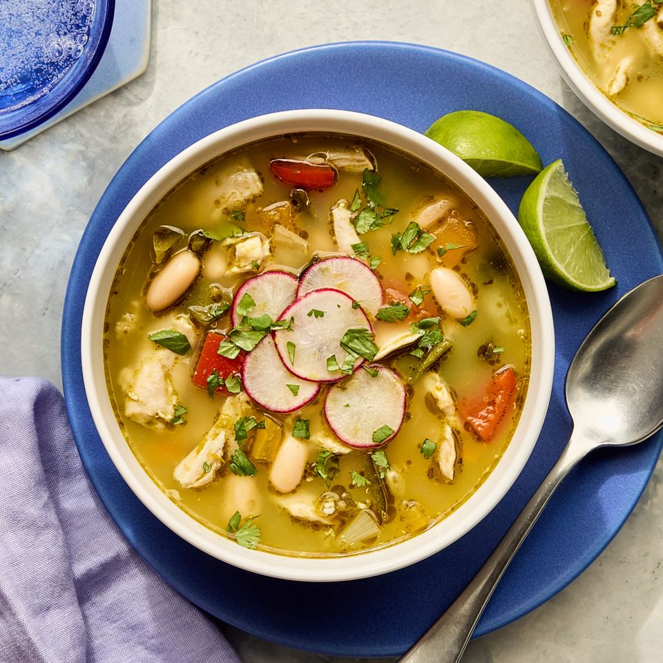A recipe image of Salsa Verde Chicken & White Bean Soup. Credit: Photographer: Fred Hardy II.