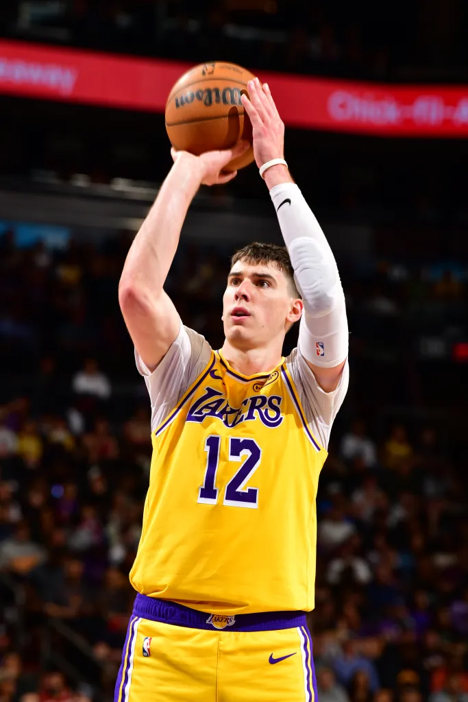 Jake LaRavia of the Los Angeles Lakers shoots a free throw.