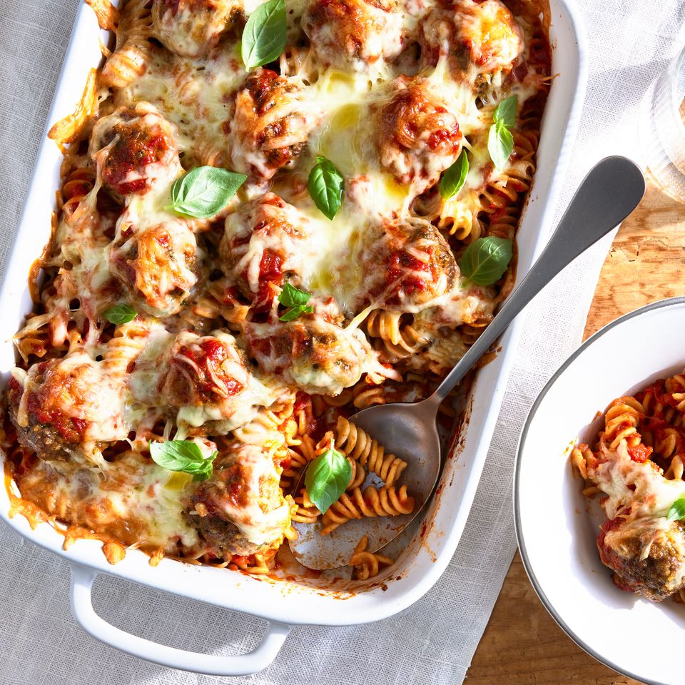 cheesy meatball casserole Credit: EatingWell / Jen Causey